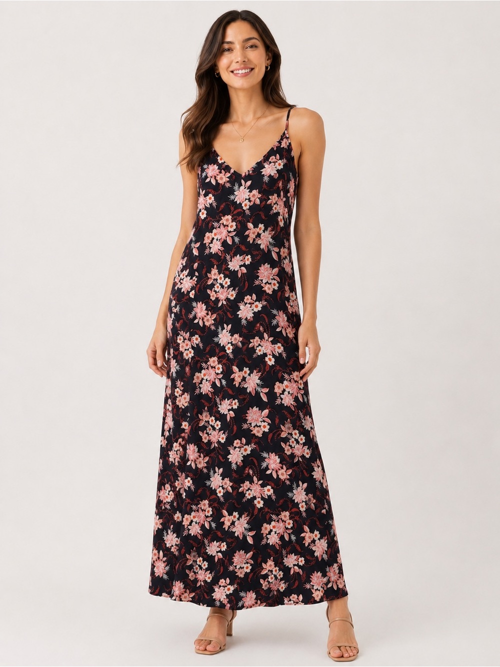 LOFT Maxi Slip Dress with Pink Floral Pattern